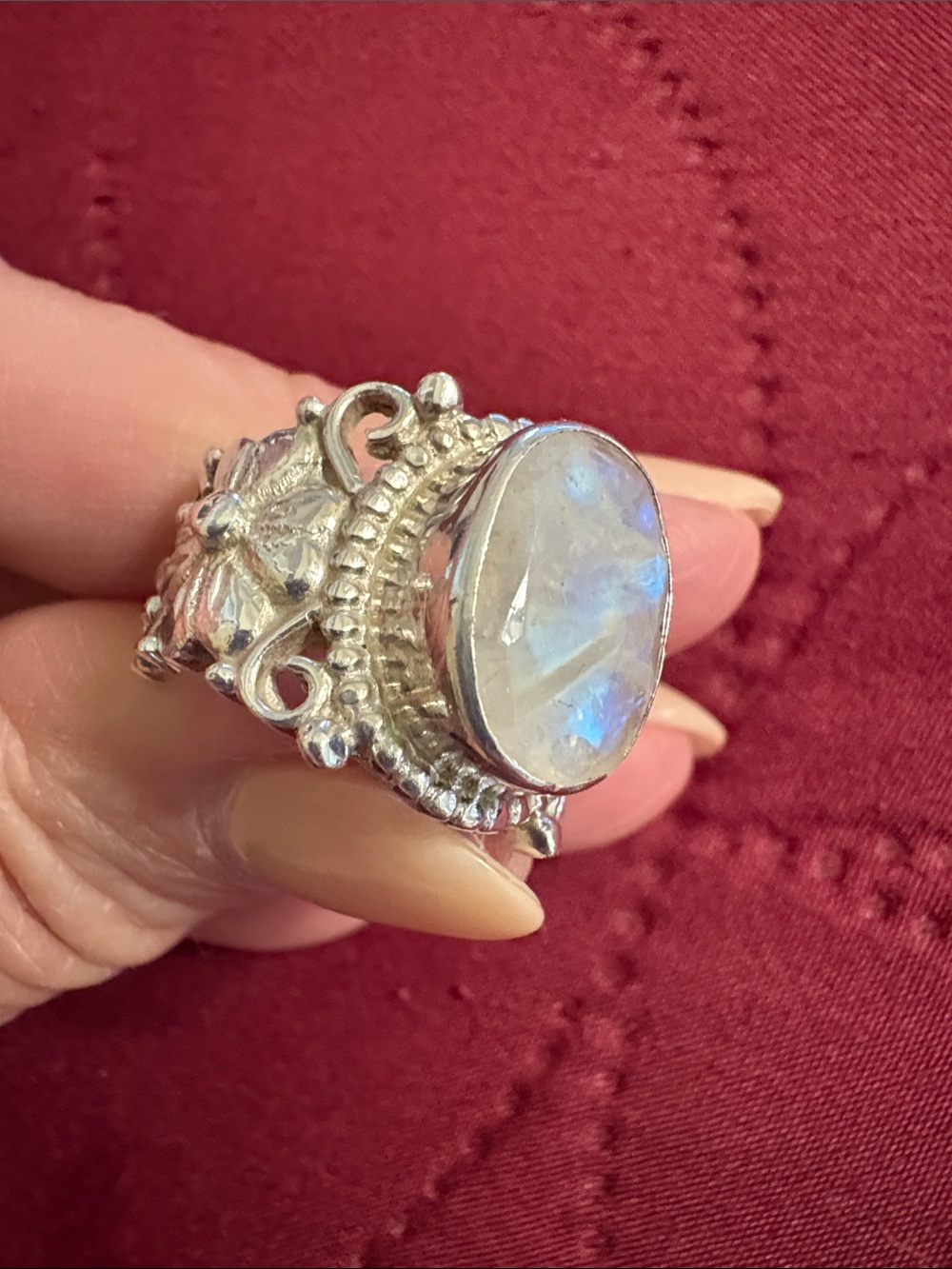 Size 7 Sterling Silver Bali Style Blue Moonstone Ring - Picture 3 of 6